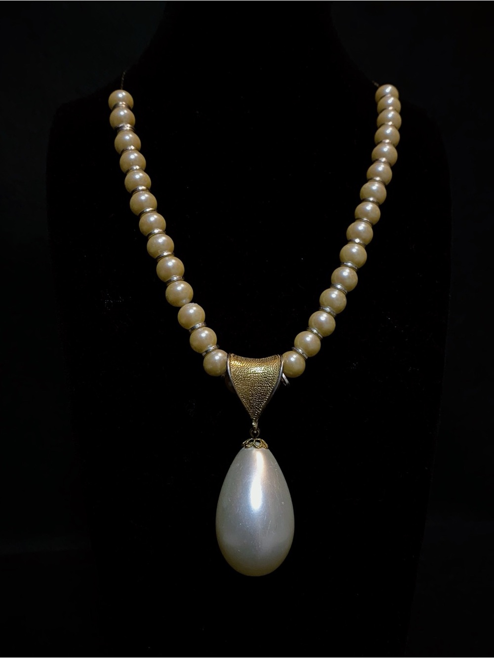Faux Pearl Strand Necklace with Oversized Teardrop Pearl Pendant